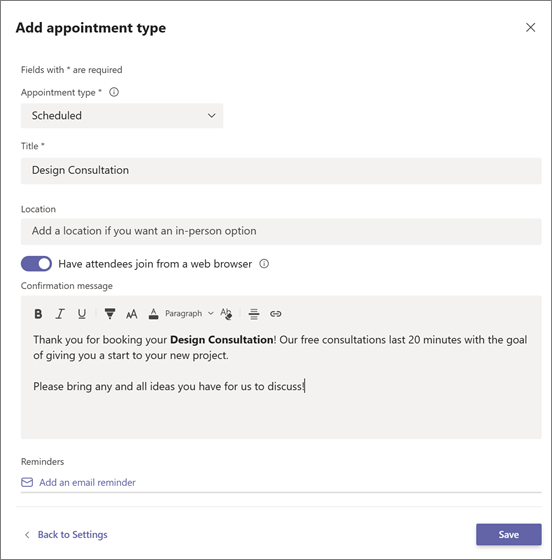 Virtual Appointments in Microsoft Teams, Appointment Type